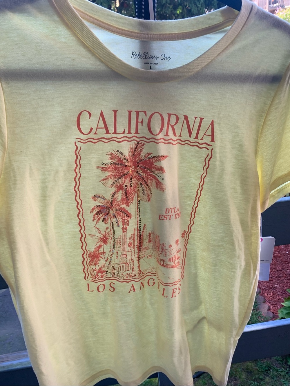 Rebellious One Yellow Tee with Red California Los Angeles Graphic
